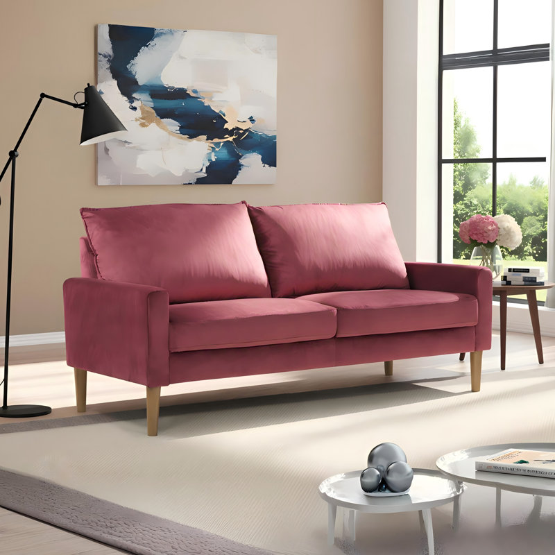 Canapé moderne en velours minimaliste avec support à ressorts hélicoïdaux, Burgundy Velvet, Wood