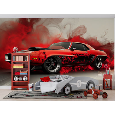 Muscle Car Wallpaper – Red And Black Classic Camaro Art, American Vintage Car Digital Poster, Retro Car Wall Decor, Smoke Effect Background Design