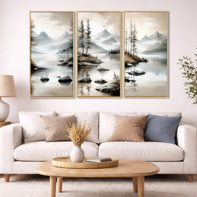 Summer Calm Mountain Peaks Reflection – Lake Framed 3 Piece Wall Decor