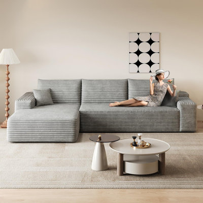 107.5" L-Shaped Sectional Modern Boneless Corduroy Couch with Chaise Deep-Seat, Upholstered Modular Cloud Sofa for Living Room, Plush Corduroy Fabric by Latitude Run