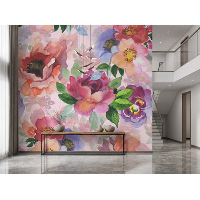 Watercolor Flowers 8.33' L x 100" W Smooth Peel and Stick Wallpaper Panel, 100"W x 100"H, Vinyl Peel and Stick
