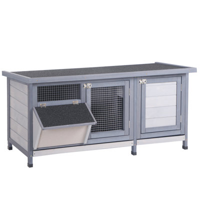 Cage à lapins en bois et cobaye avec toit imperméable, bac à fuites, auge, intérieur / extérieur, gris
