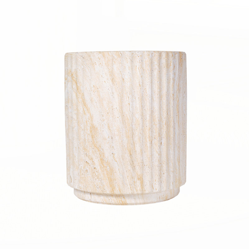 Outdoor Mgo Cylinder Side Table, Lightweight With Elegant Wave Design For Garden And Balcony Decor, Beige/Yellow