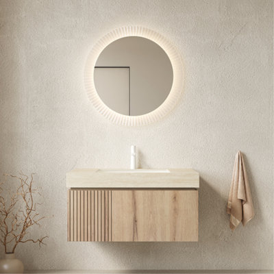 Meuble-lavabo 36 po, meuble de rangement flottant en contreplaqué avec tiroir et porte, comptoir en pierre frittée Roma Travertine et lavabo en céramique avec 1 trou de robinet pré-percé, pré-assemblé, grain de bois de chêne blanc