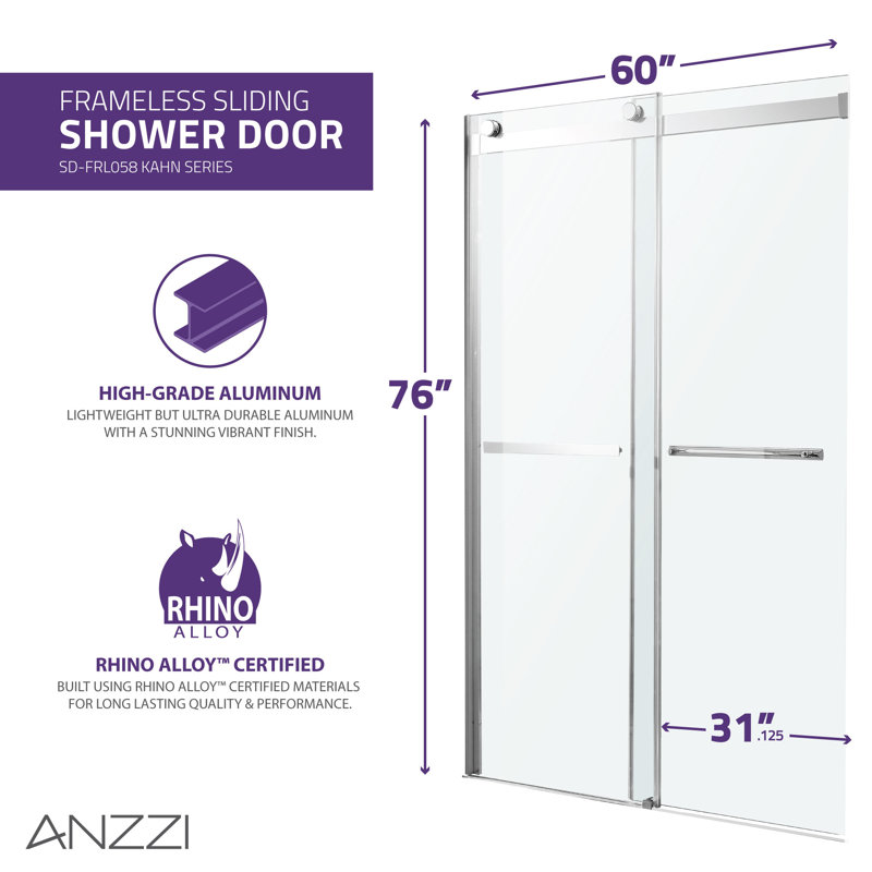 Kahn 60'' W x 76'' H Double Sliding Frameless Shower Door with Clear Glass, Brushed Nickel