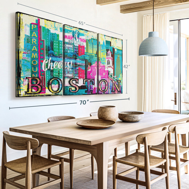 «Boston City Repères Grunge», 3 pièces sur toile, H 42 po x l 65 po x P 1,25 po