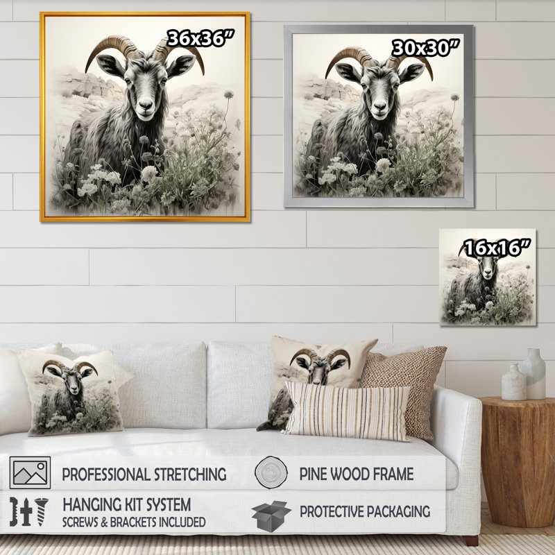 Portrait de chèvre noir anthracite II - Chèvre, art mural, H 36 po x l 36 po x P 1,5 po, Toile tendue
