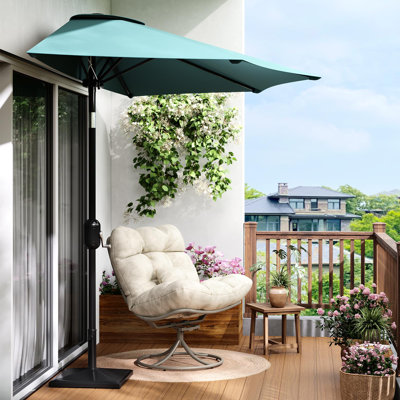 Space-Saving Sun Protection Half Patio Umbrella – 9FT Outdoor Shade Canopy with Smooth Crank Lift, Great for Patio, Garden, Deck, Balcony, Porch –Turquoise
