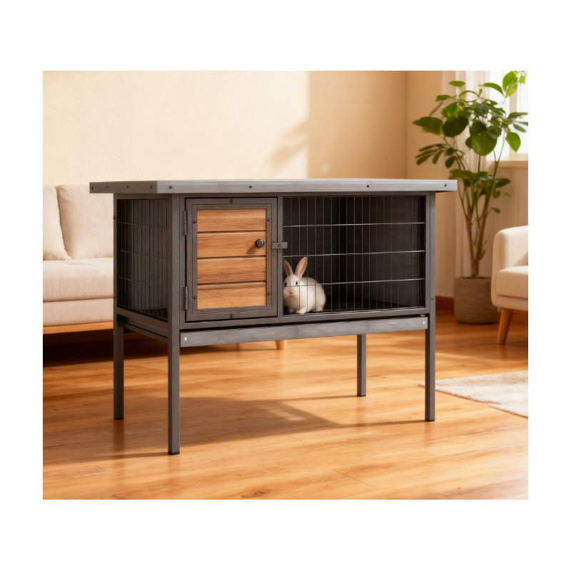 Cage à lapin surélevée en bois sans plateau de fuite, gris