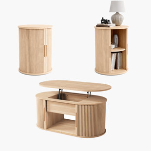 3-Piece Living Room Set,Fluted Lift-Top Oval Coffee Table Set With Side Tables