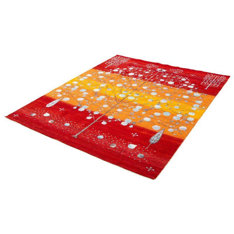 Tapis décoratif rouge/orange/bleu clair de conception unique 8 pi 1 po x 10 pi noué à la main New Age