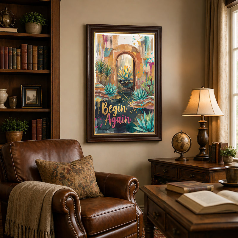 Teal Agave Cactus In Stone Archway With Pink Gold Script Canvas Wall Art, 18"H x 12"W