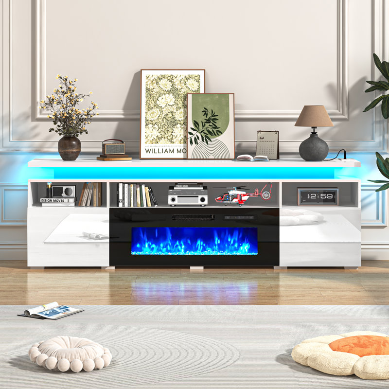 82.6" Fireplace Tv Stand For Tvs Up To 95 In, High Gloss Media Console With 40" Electric Fireplace, LED Lights and Charging Station, Fireplace Entertainment Center For Living Room, White