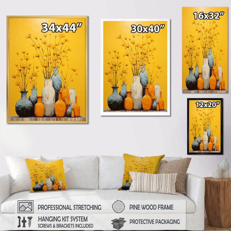 Minimalisme, poteries jaunes sur toile, H 32 po x l 24 po x P 1 po, Cadre simple blanc