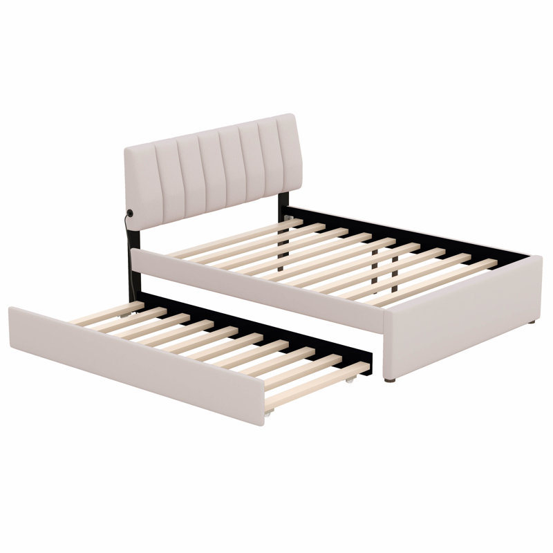 Lit plateforme tapissier double avec lit gigogne Merthie, Beige