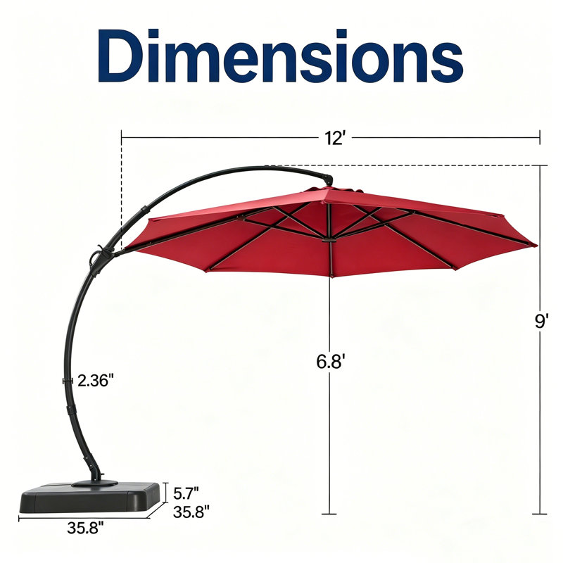 Parasol de patio en porte-à-faux 12 pi avec base, rotation à 360 °, protection contre les rayons UV, 108" H x 144" W x 144" D