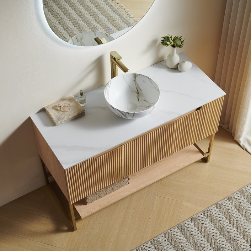 Tulio 48" Bathroom Vanity&Sink, Freestanding Storage Cabinet With 3 Doors&Open Shelf, White Bowl Ceramic Vessel Basin With Stone Pattern&Carrara White Sintered Stone Countertop, Woodgrain Color