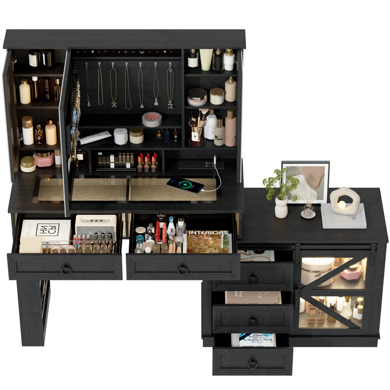 39" Oversized Makeup Mirror Vanity Table - Large Storage Side Cabinet With Tri-Color LED Smart Power Outlet, Black