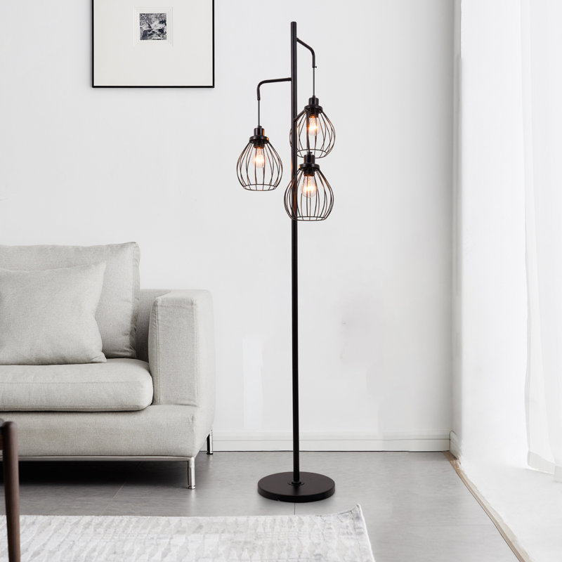 3-Light 71" Dimmable Tree Birdcage Floor Lamp, Black Wrought Iron Standing Lamp with Foot Switch for Living Room, Bedroom