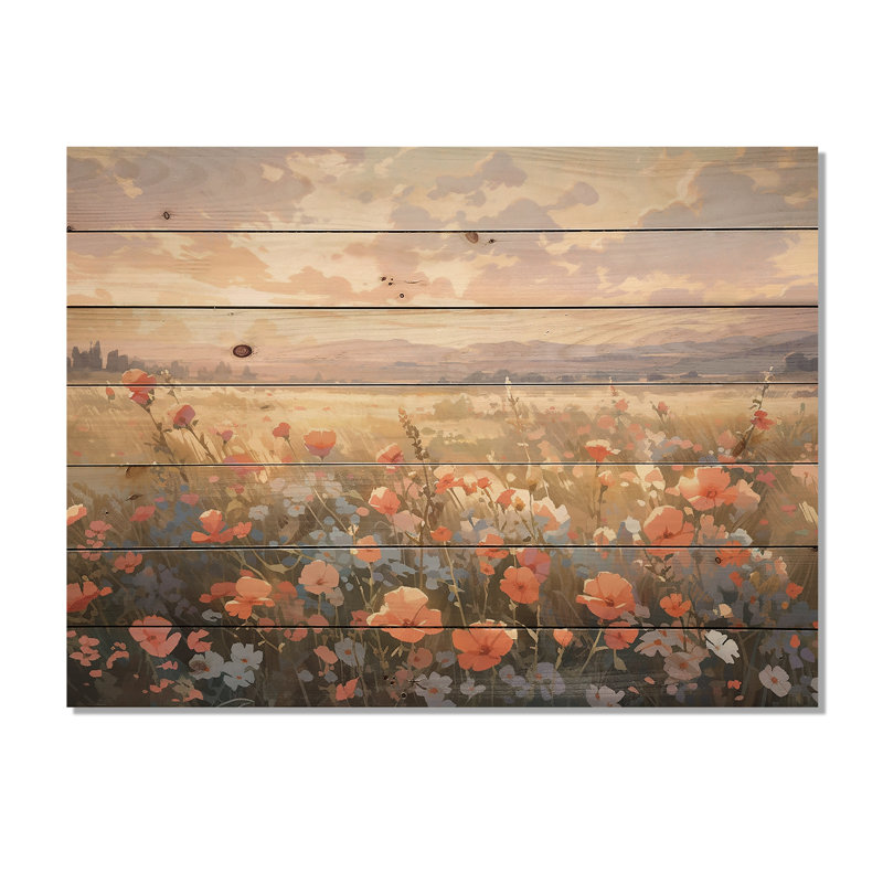 Corail, beige, prairie sauvage, impression sur bois I, H 24 po x l 32 po x P 0,78 po