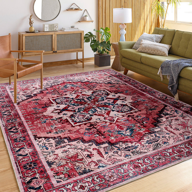 Traditional Machine Washable Area Rug with Non-Slip Backing,Red , Rectangle 5' x 8'