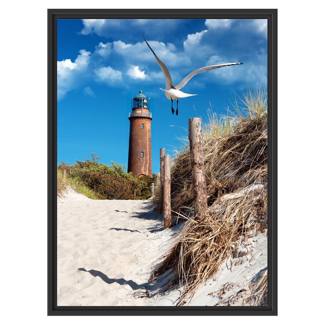 Gerahmtes Wandbild Schöner Leuchtturm am Strand