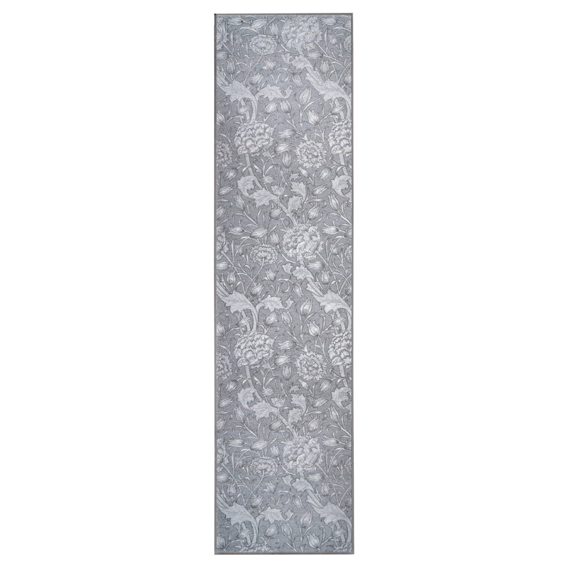 Kalini Floral Grey Performance Flatweave Washable Floral Indoor / Outdoor Rug, Runner 2'6" x 10'