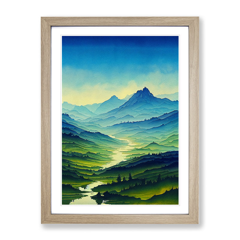 XV1022-3836X River Landscape Watercolour No.2 - Single Picture Frame Painting, 34cm H x 25cm W x 2cm D, Oak