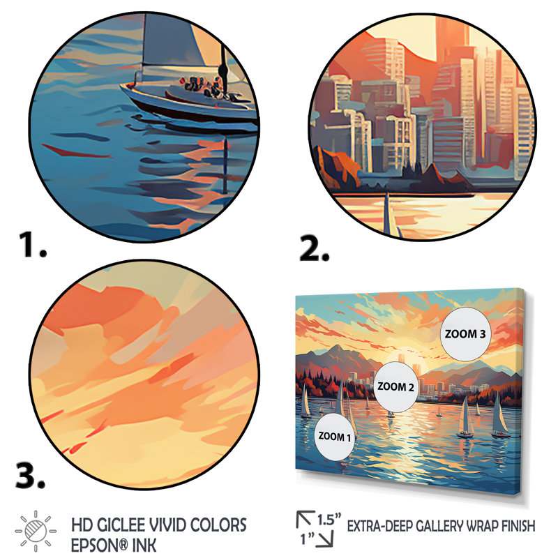 «Vancouver Port Sunset Sail - Port Landscape Coastal», art mural, Cadre d'angle fermé noir, H 30 po x l 40 po x P 1,5 po