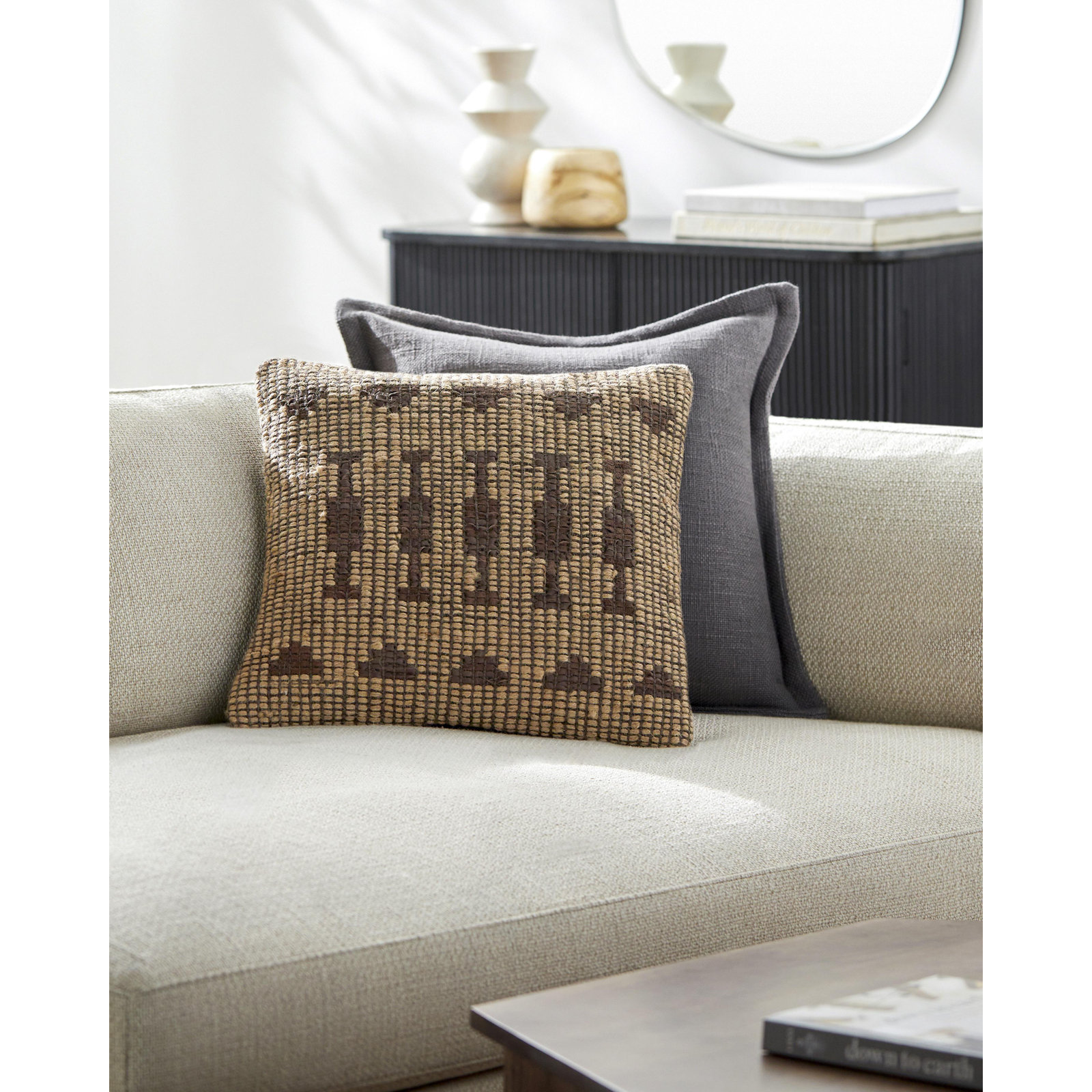 Twareg Geometric Jute / Sisal Throw Pillow, 18"H x 18"W, Down Blend