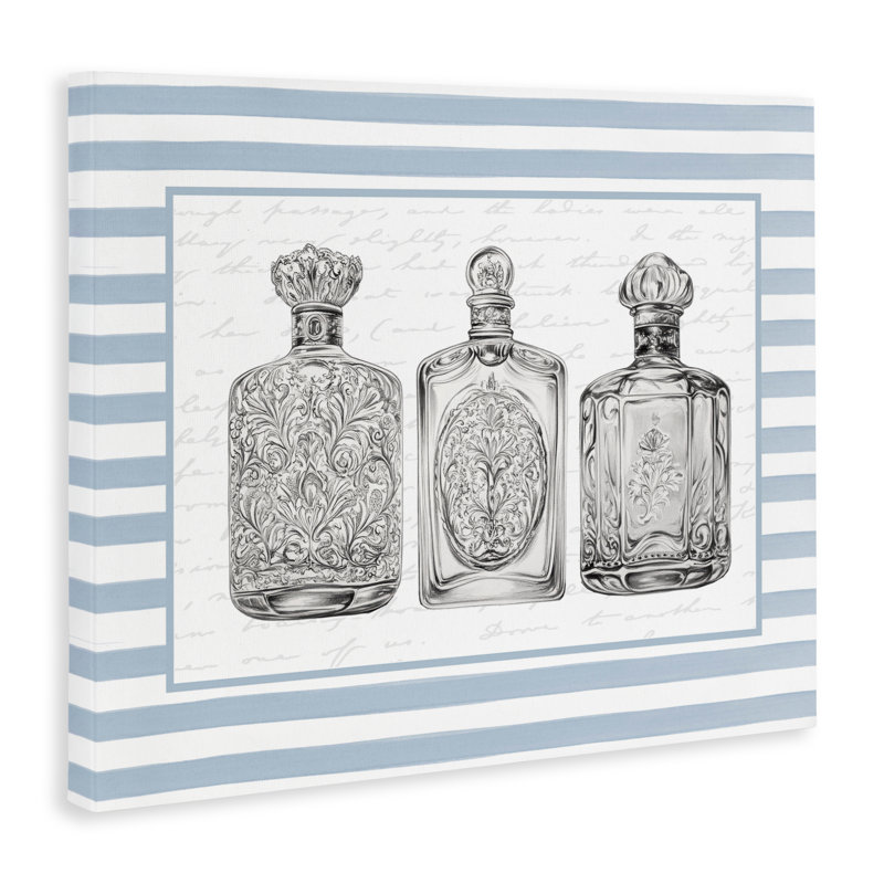 Bouteilles ornées sur toile à rayures bleues, design par lettré et doublé, H 24 po x l 30 po