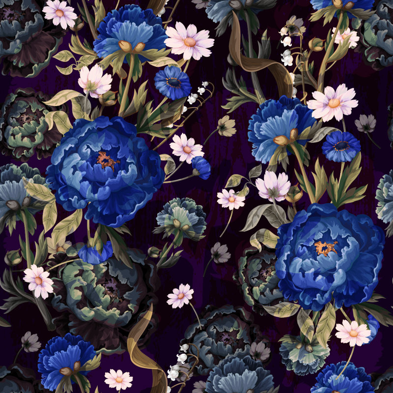 Panneau de papier peint adhésif à fleurs bleu foncé sur fond foncé L 10,4 pi x l 25 po