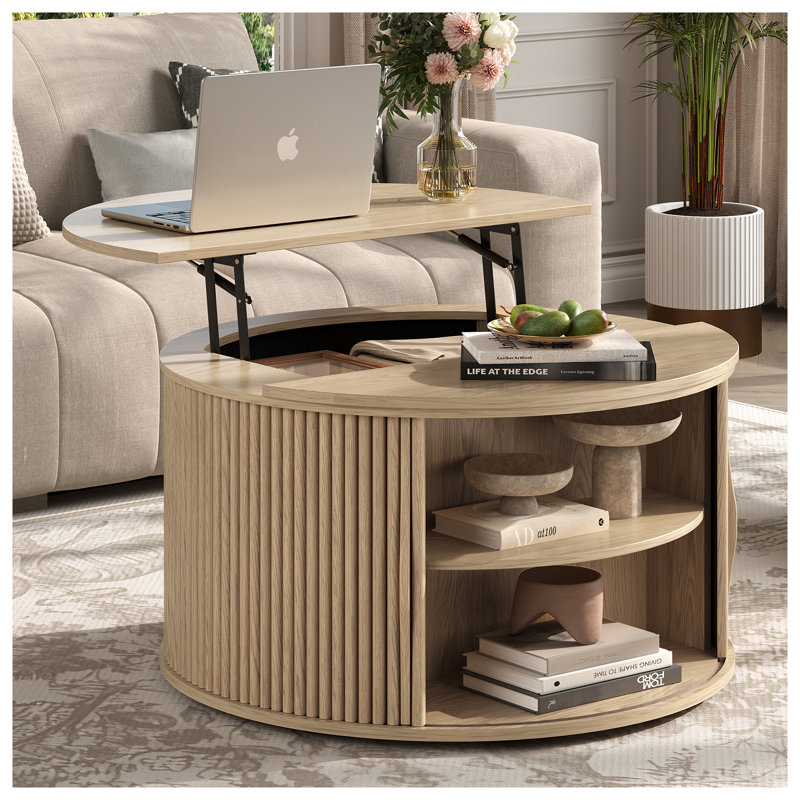 Table basse à plateau relevable 31,5 po avec compartiment de rangement dissimulé, table basse en chêne pour le salon, Chêne