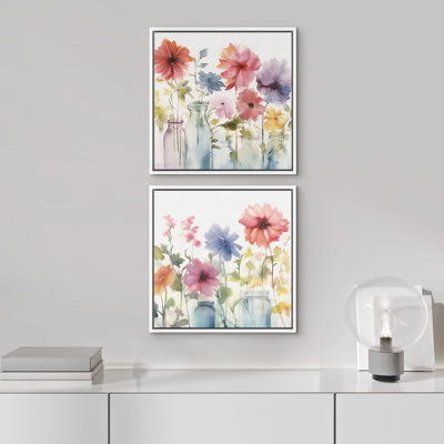 Aquarelle fleurs sauvages dans un ensemble floral botanique encadré sur toile 2 pièces