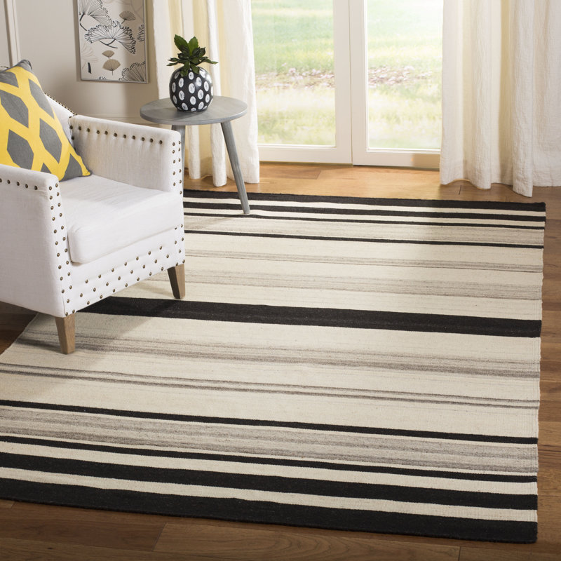 Emek Hand Woven Flat Weave H. S. Wool/Cotton Striped Rug in Black/Tan, Rectangle 8' x 10'