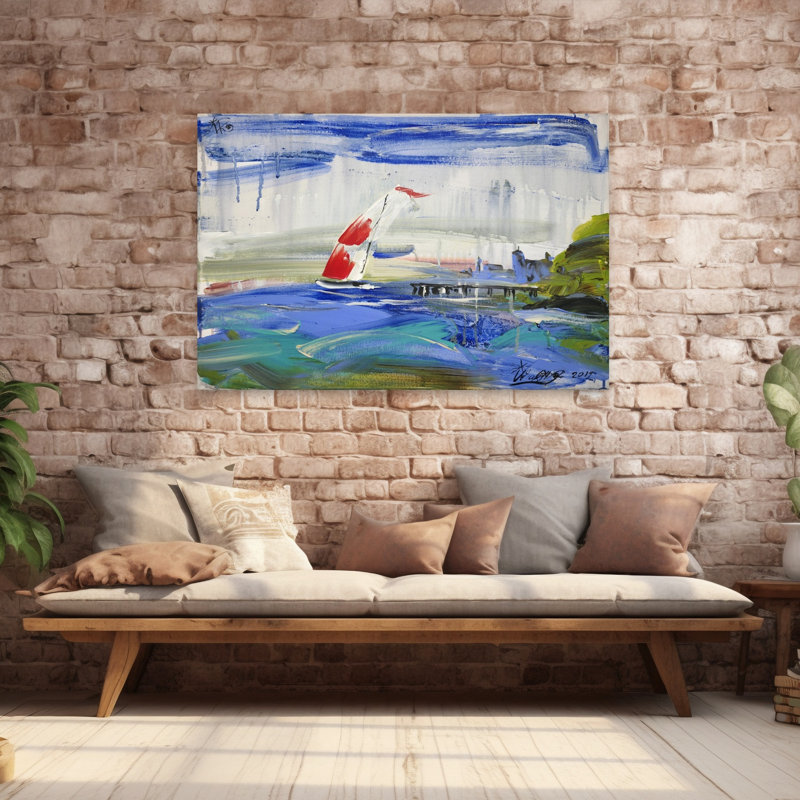 Voile sur une eau bleue abstraite colorée, paysage côtier impressionniste, art mural, H 40 po x l 60 po