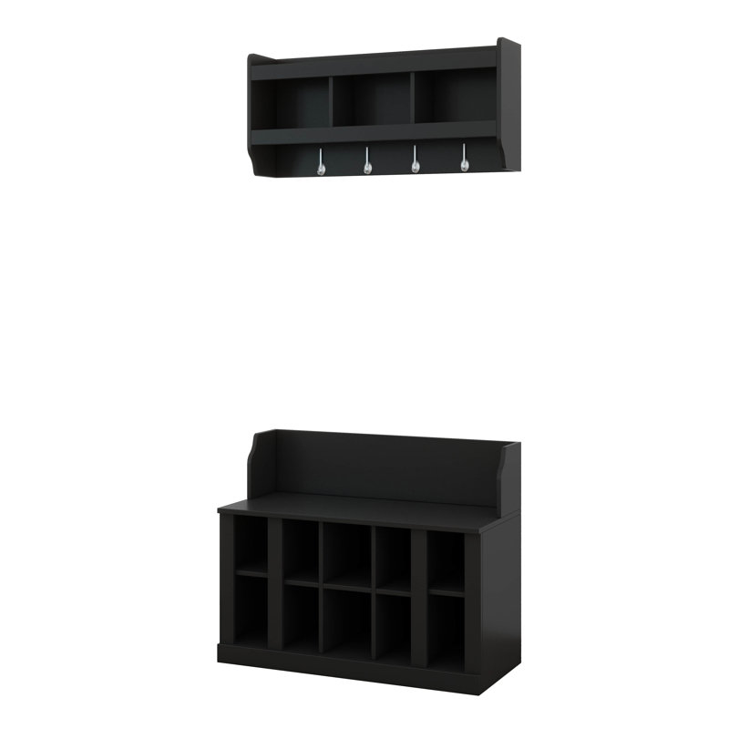 Shoe Storage Bench With Shelves And 4 Hooks, Hall Tree With Wall Mounted Coat Rack, Entryway Organizer For Hallway, Foyer