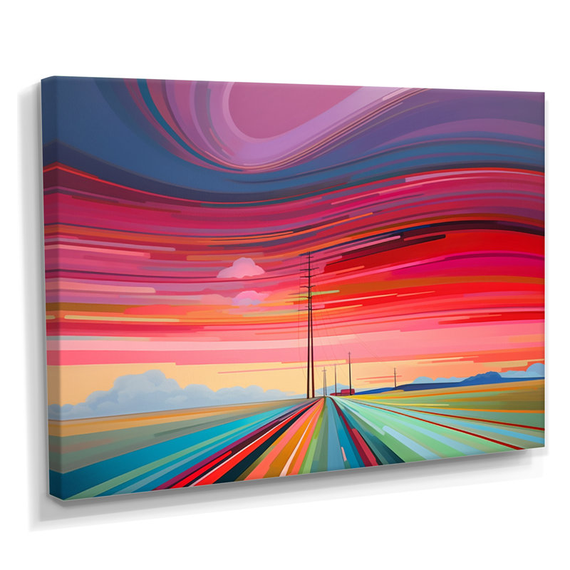 «Red Sunset Mimal Country Road horizontal Waves», paysage abstrait, art mural, Toile tendue, H 12 po x l 20 po