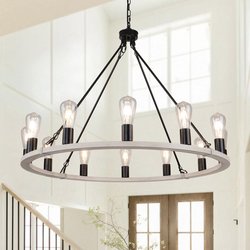Lustre en roue de chariot à 12 lumières Hatsumi, Noir/gris, H 88,58 po x l 35,43 po