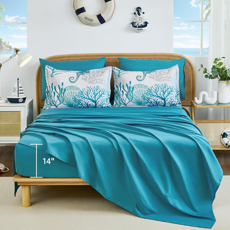 7-Piece Coastal Beach Comforter Set, Ocean Nautical All-Season Bedding, Coral/Seahorse
