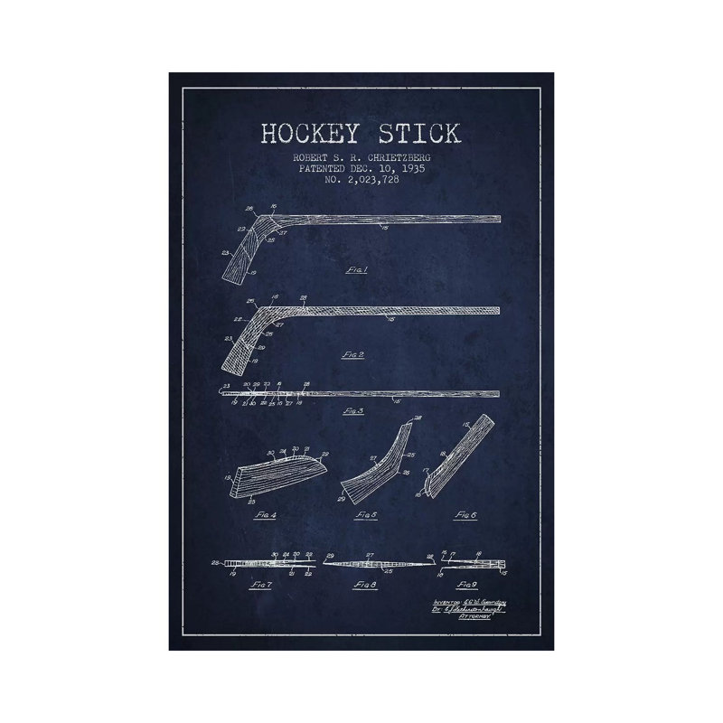 Hockey sur bâton bleu marine, brevet bleu - giclée sur toile tendue avec châssis