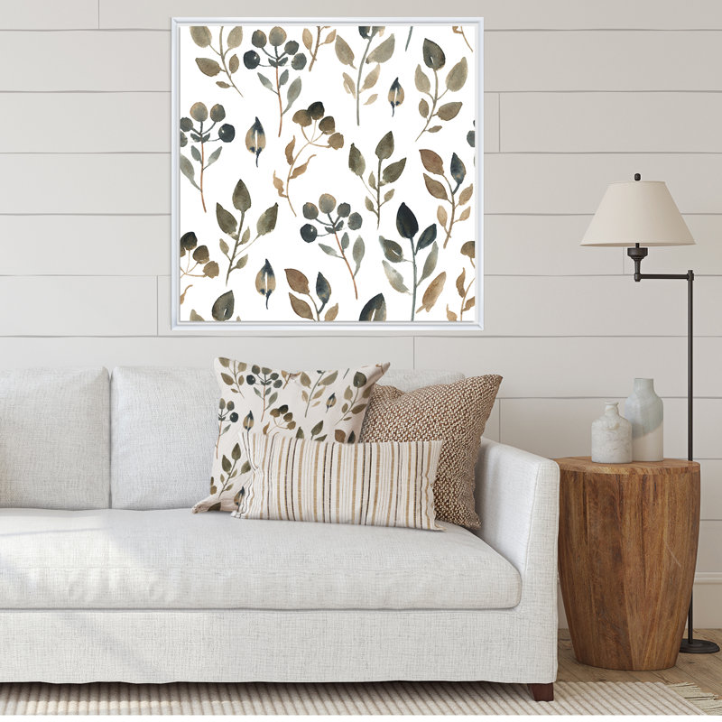 Feuilles brunes simples sur fond blanc - peinture sur toile, Cadre flottant blanc, H 30 po x l 30 po x P 1 po