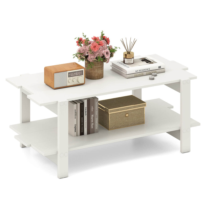2-tier Coffee Table Irregular Center Table With Open Storage Shelf Cocktail Table, White