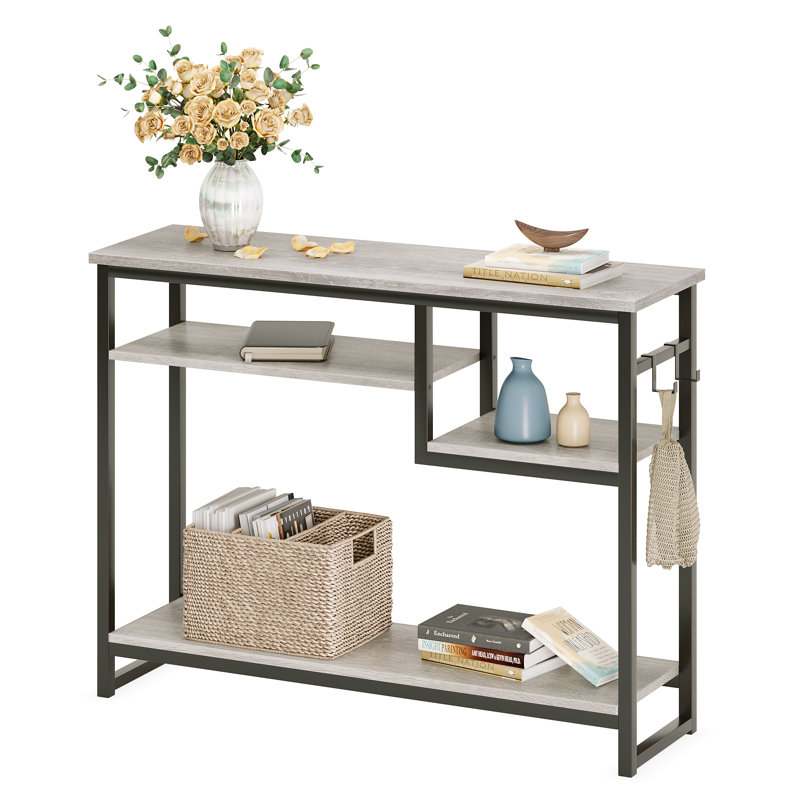 100cm Geometric Art Console Tables for Entryway, Skinny Entry Table with 4 Tier Storage Shelves, Vintage Light Grey