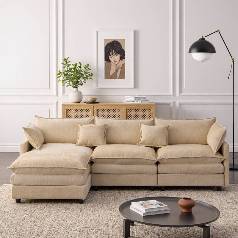 Canapé modulaire en L 105 po avec repose-pieds modulaire de 105 po en L chenille doux, Café