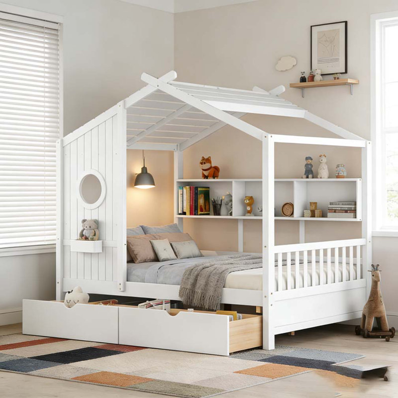 Lit en bois avec 2 tiroirs, Blanc, Lit double