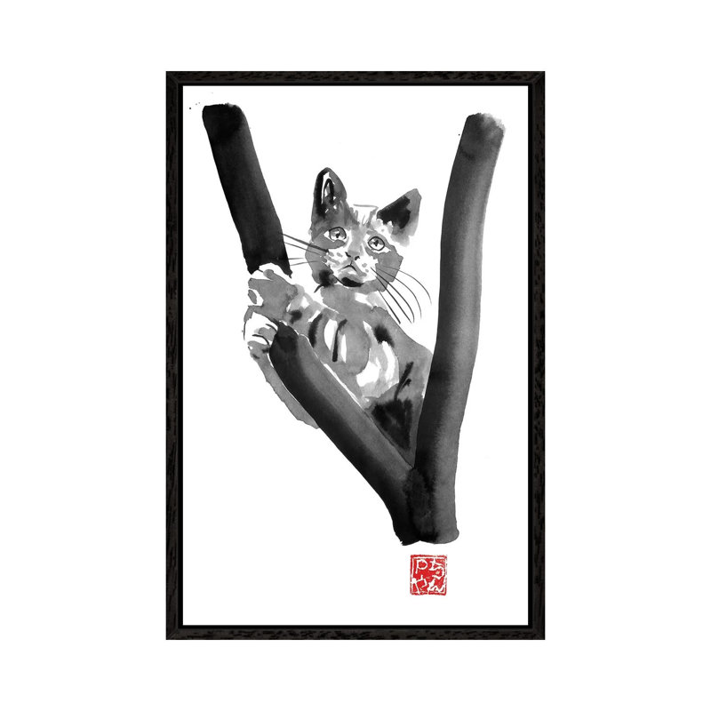 Cat In Tree by Péchane - Painting on Canvas, Black Framed, 66.04 cm H x 45.72 cm W