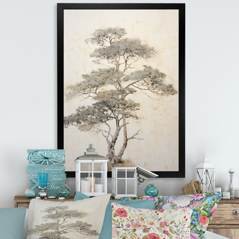 «Beige Tree Pine Zen Scenery V», reproduction sur toile, Cadre simple noir, H 32 po x l 16 po x P 1 po