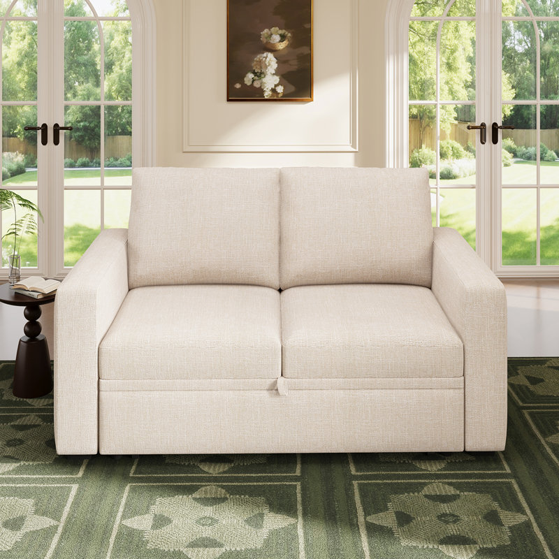 Canapé-lit avec lit escamotable et méridienne beige, Polyester beige