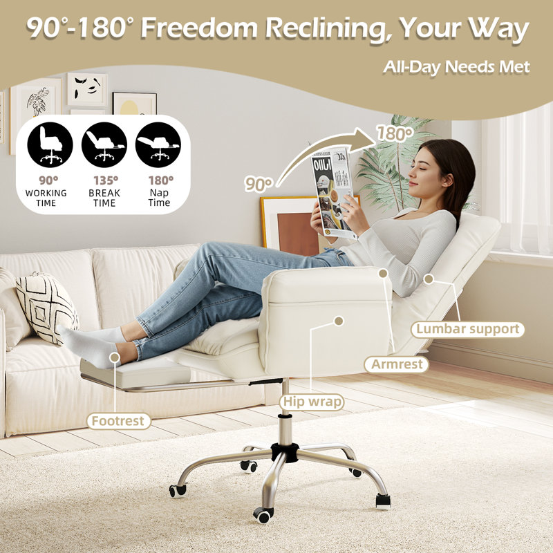 Chaise de bureau ergonomique - Chaise de jeu à hauteur réglable avec dossier incliné, accoudoirs et repose-pieds souples, siège pivotant beige pour la maison ou le bureau